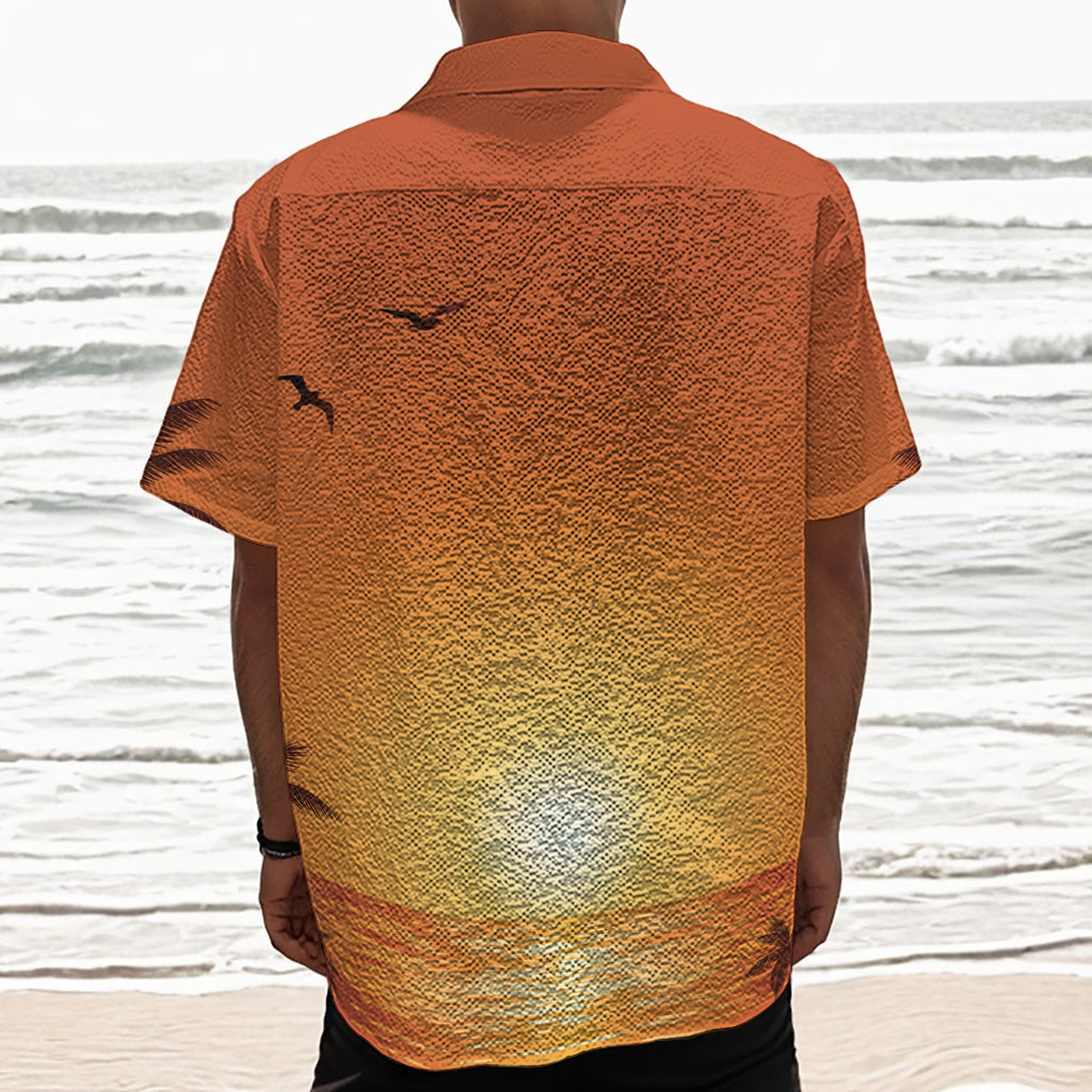 Palm Tree Beach Sunset Print Textured Short Sleeve Shirt
