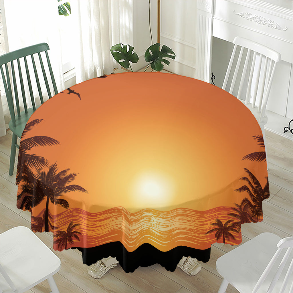 Palm Tree Beach Sunset Print Waterproof Round Tablecloth