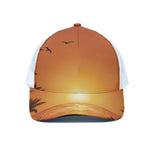 Palm Tree Beach Sunset Print White Mesh Trucker Cap