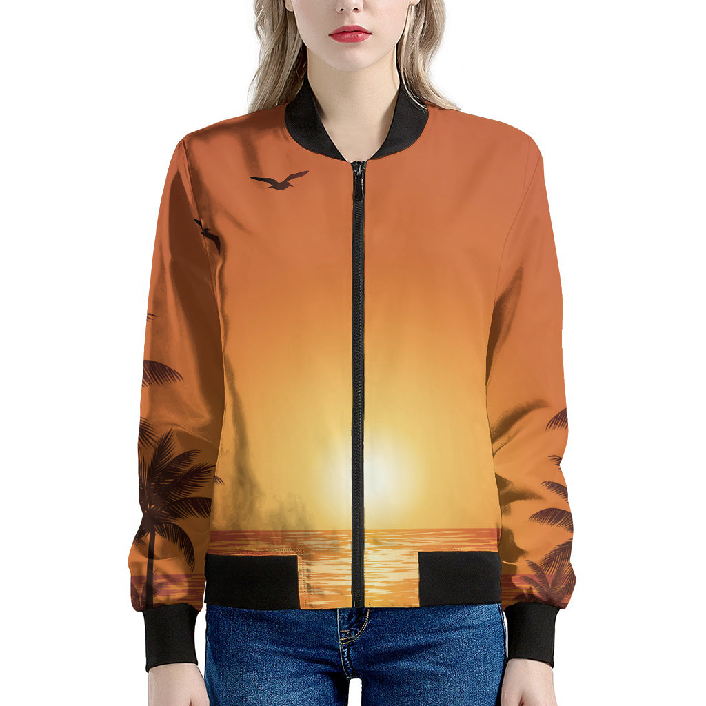 Palm Tree Beach Sunset Print Women's Bomber Jacket