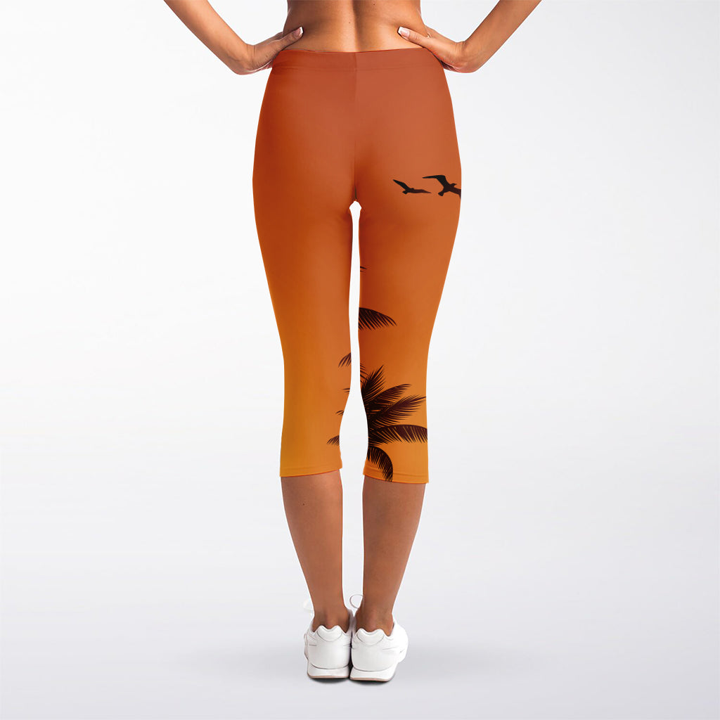 Palm Tree Beach Sunset Print Women's Capri Leggings