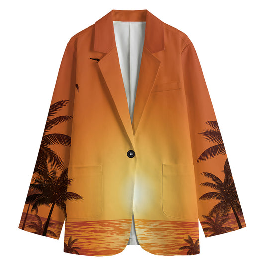 Palm Tree Beach Sunset Print Women's Cotton Blazer