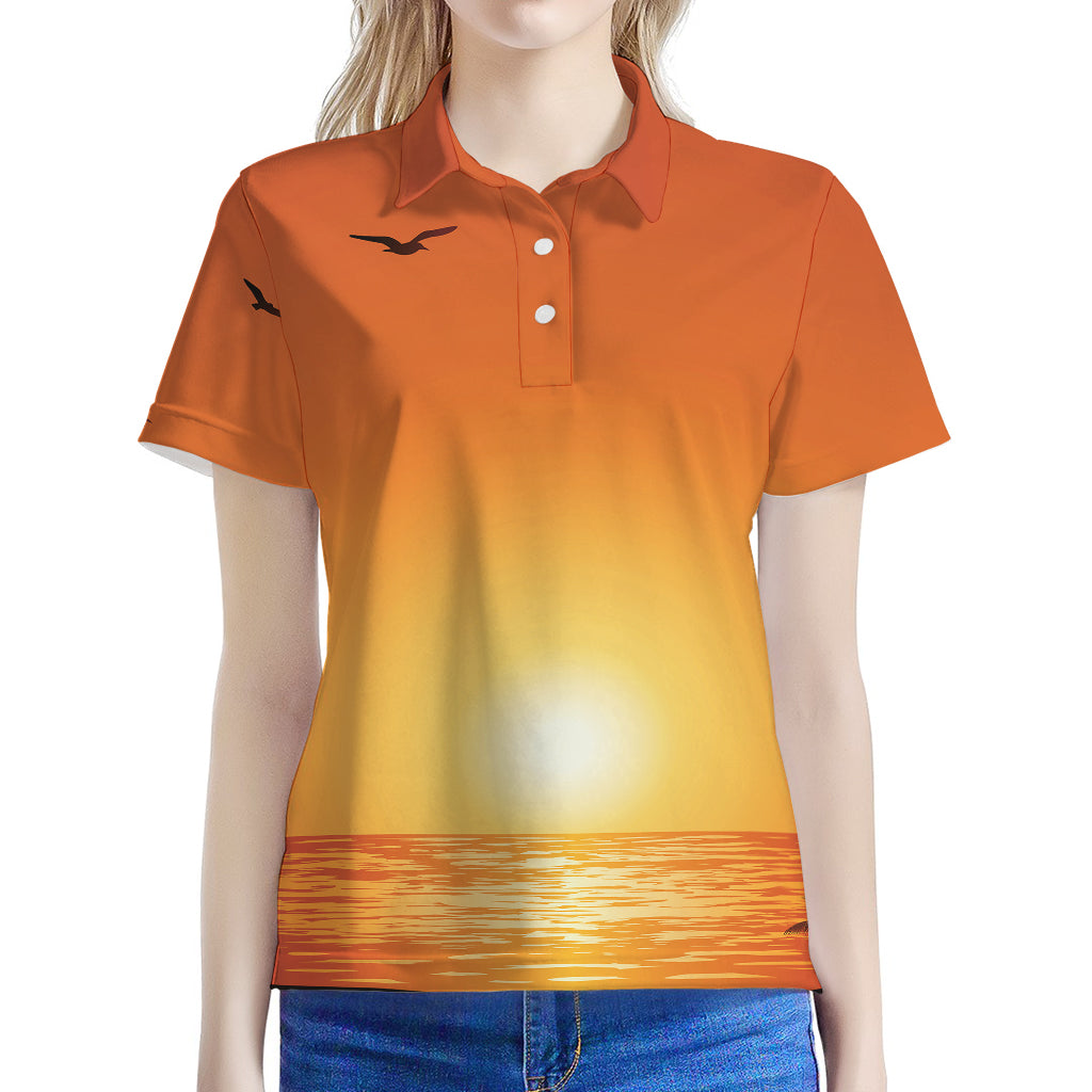 Palm Tree Beach Sunset Print Women's Polo Shirt