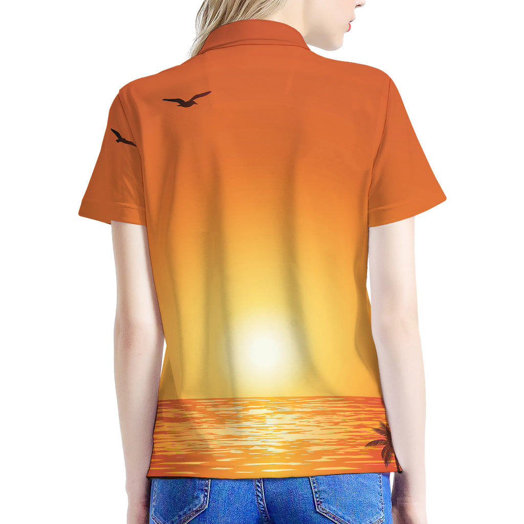 Palm Tree Beach Sunset Print Women's Polo Shirt