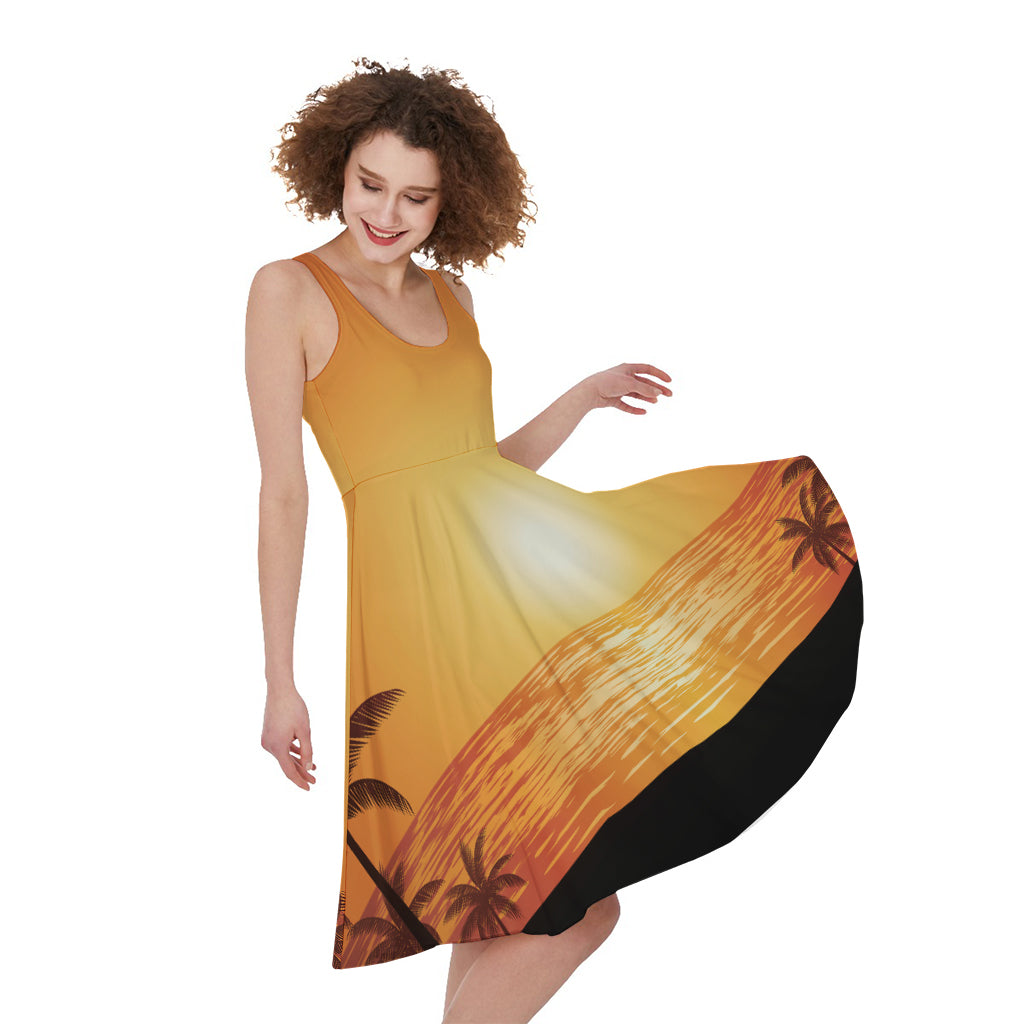 Palm Tree Beach Sunset Print Women's Sleeveless Dress