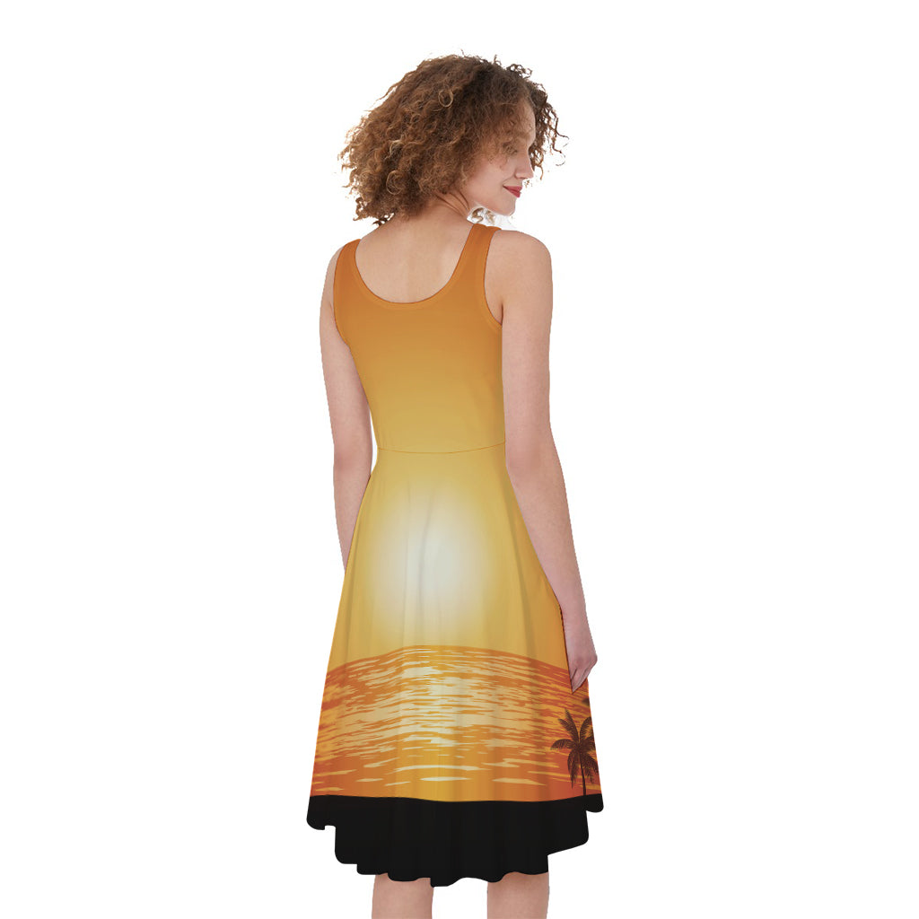 Palm Tree Beach Sunset Print Women's Sleeveless Dress