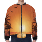 Palm Tree Beach Sunset Print Zip Sleeve Bomber Jacket