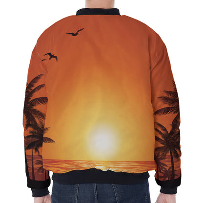 Palm Tree Beach Sunset Print Zip Sleeve Bomber Jacket