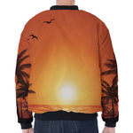 Palm Tree Beach Sunset Print Zip Sleeve Bomber Jacket