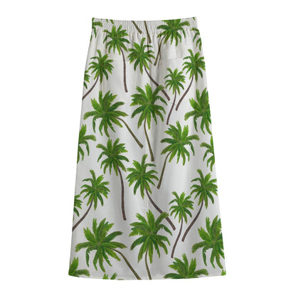 Palm Tree Pattern Print Cotton Front Slit Maxi Skirt