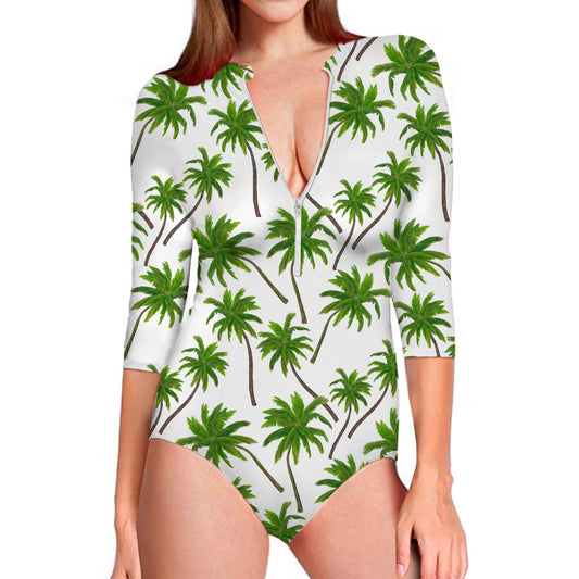 Palm Tree Pattern Print Long Sleeve Swimsuit