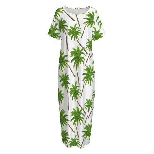 Palm Tree Pattern Print Short Sleeve Long Nightdress