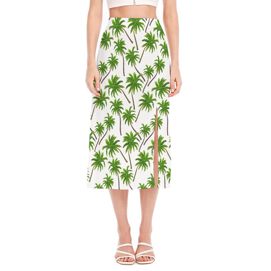 Palm Tree Pattern Print Side Slit Midi Skirt