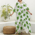 Palm Tree Pattern Print Silk V-Neck Kaftan Dress