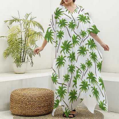 Palm Tree Pattern Print Silk V-Neck Kaftan Dress