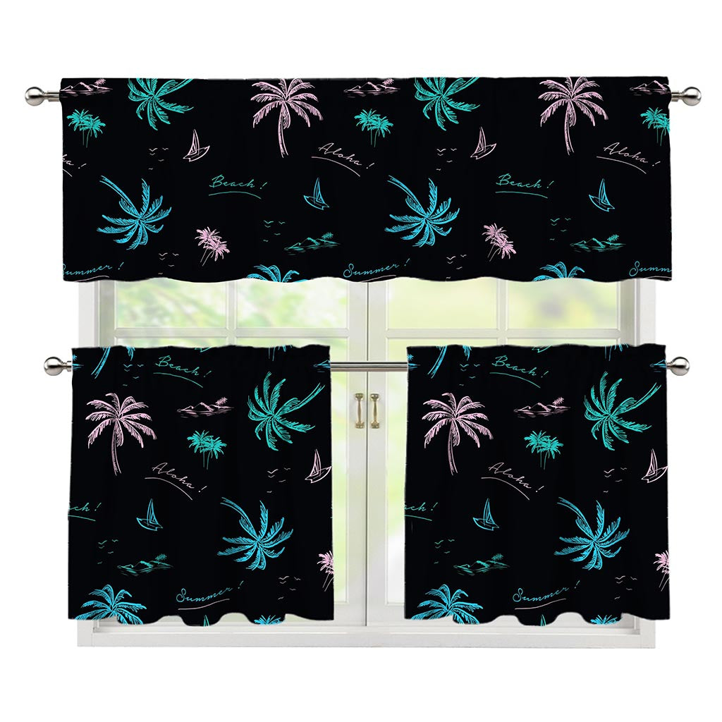 Palm Tree Summer Beach Pattern Print 3 Piece Kitchen Curtains