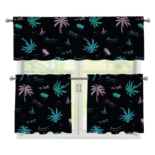 Palm Tree Summer Beach Pattern Print 3 Piece Kitchen Curtains