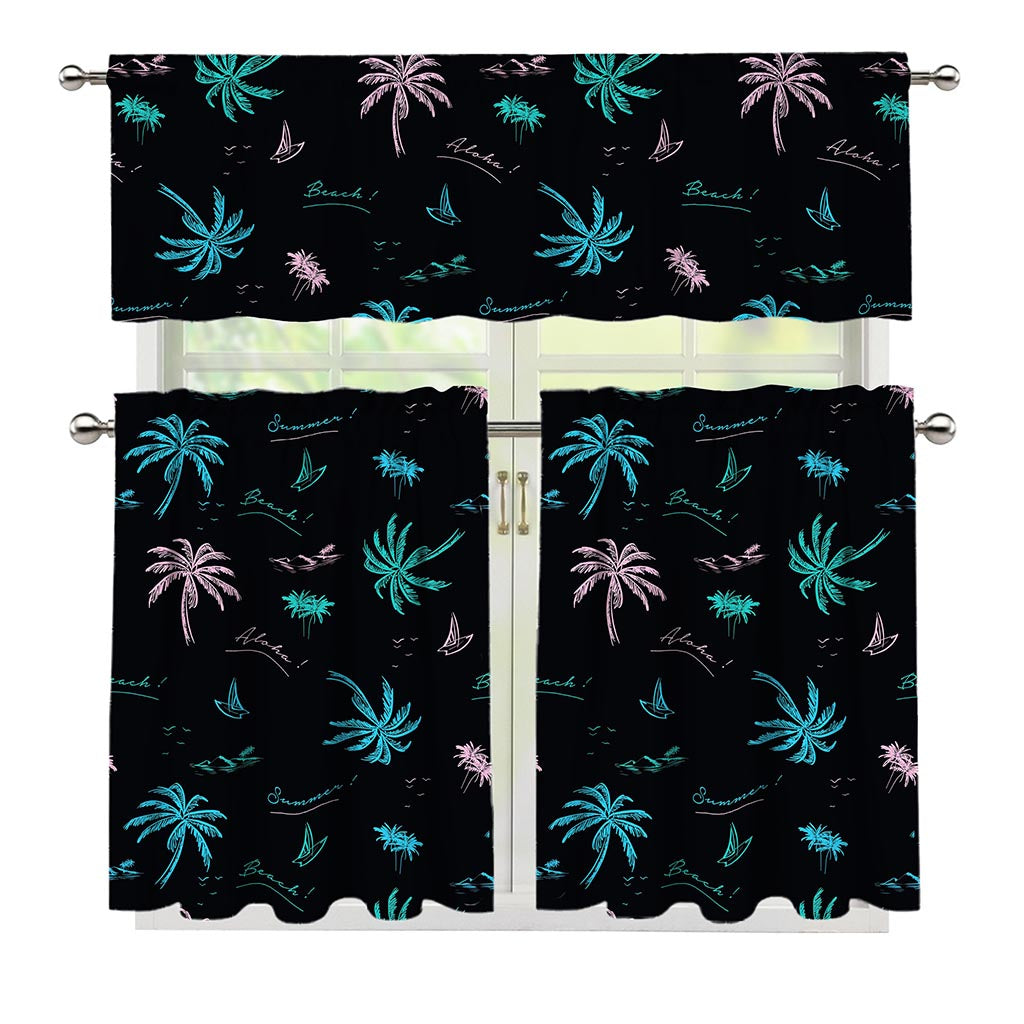 Palm Tree Summer Beach Pattern Print 3 Piece Kitchen Curtains