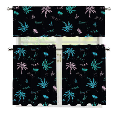 Palm Tree Summer Beach Pattern Print 3 Piece Kitchen Curtains