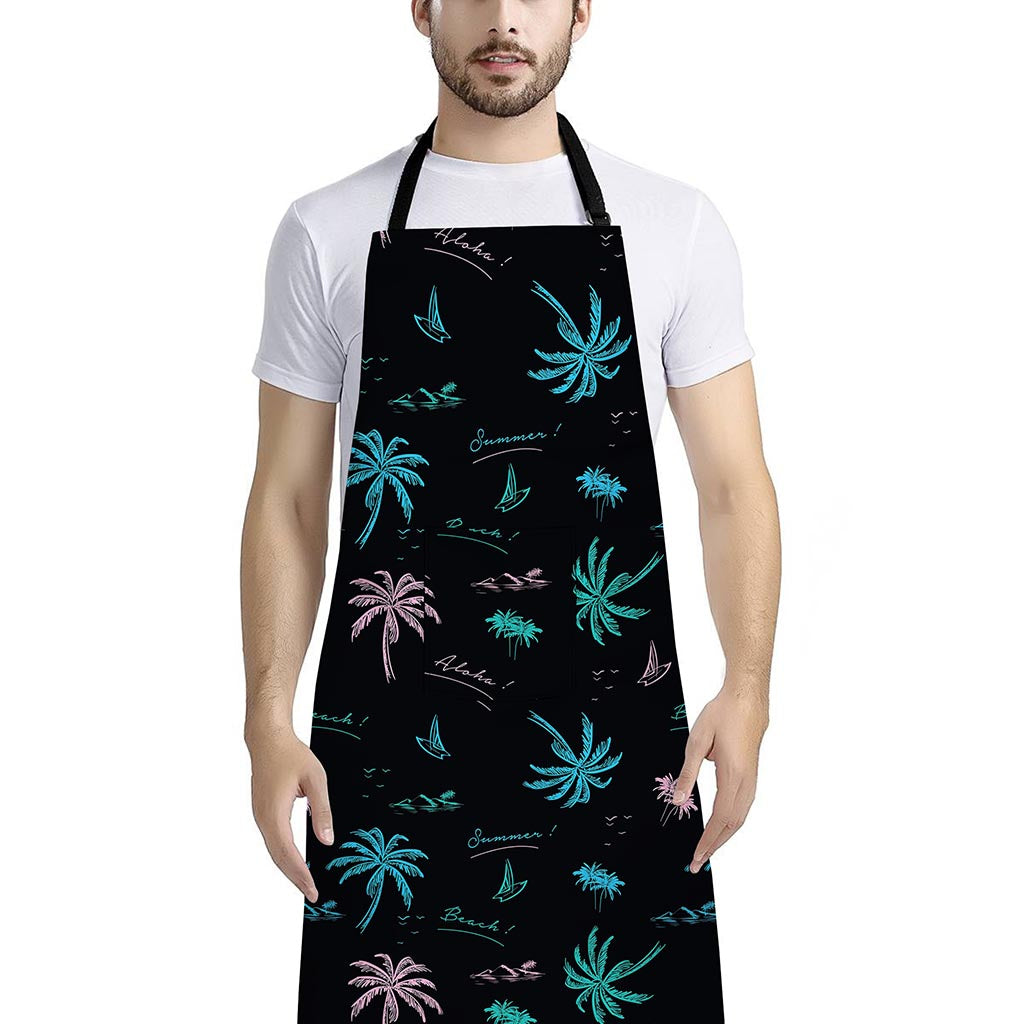 Palm Tree Summer Beach Pattern Print Bib Apron With Pocket