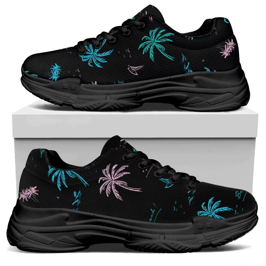 Palm Tree Summer Beach Pattern Print Black Chunky Shoes