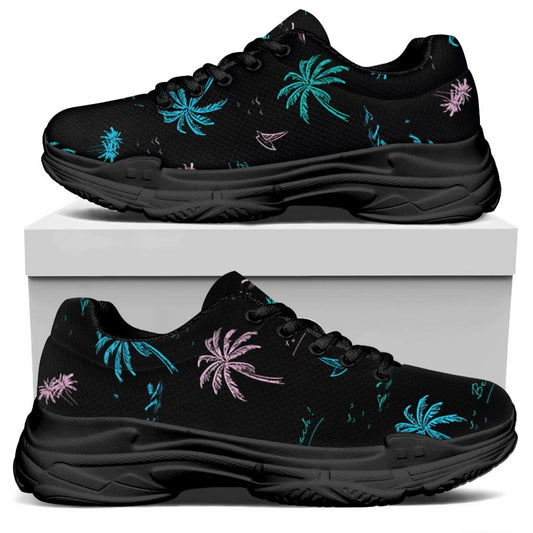 Palm Tree Summer Beach Pattern Print Black Chunky Shoes