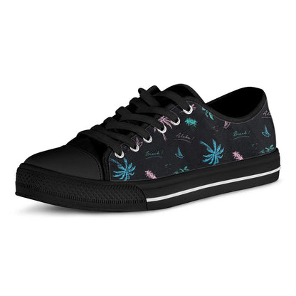 Palm Tree Summer Beach Pattern Print Black Low Top Sneakers