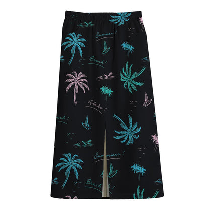 Palm Tree Summer Beach Pattern Print Cotton Front Slit Maxi Skirt