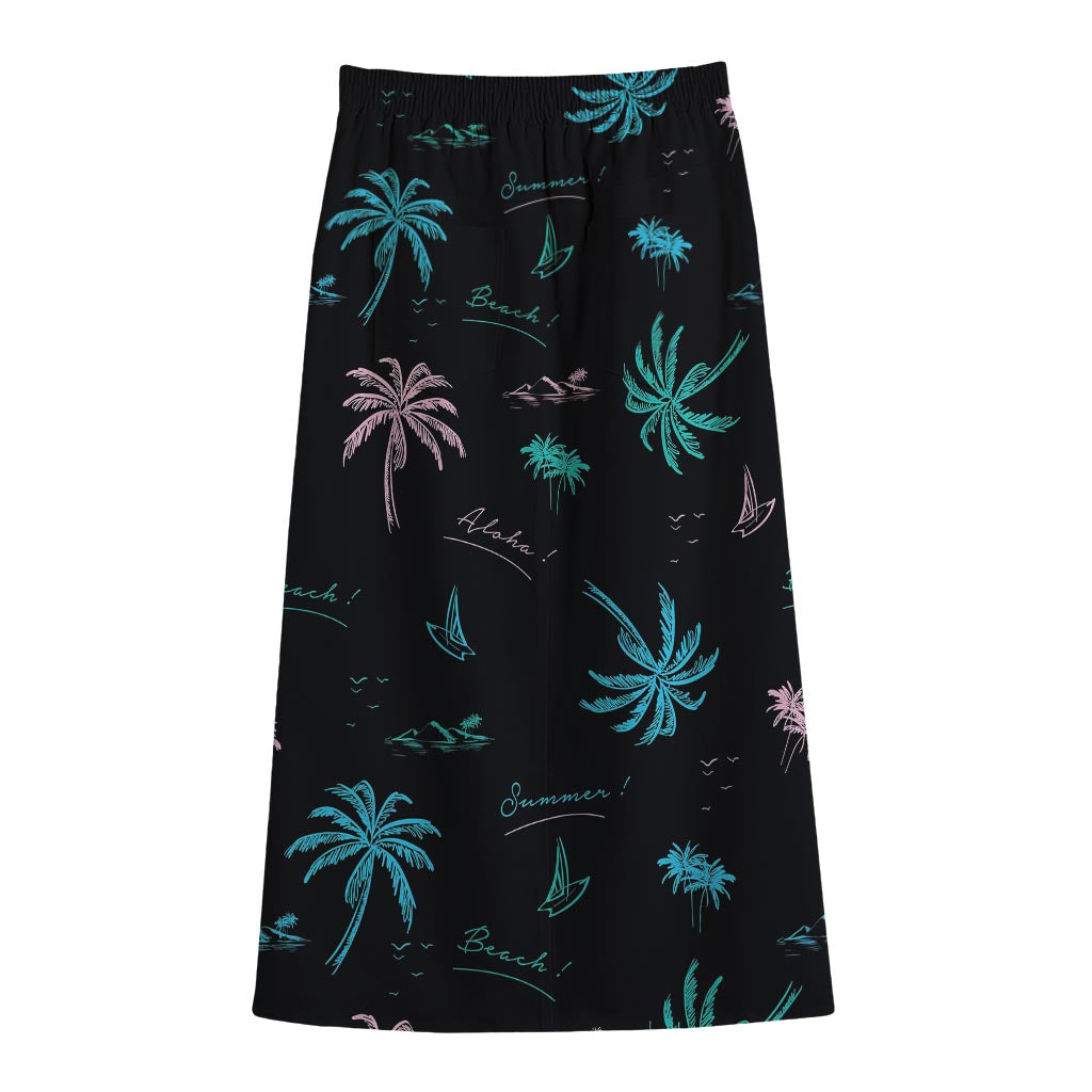 Palm Tree Summer Beach Pattern Print Cotton Front Slit Maxi Skirt