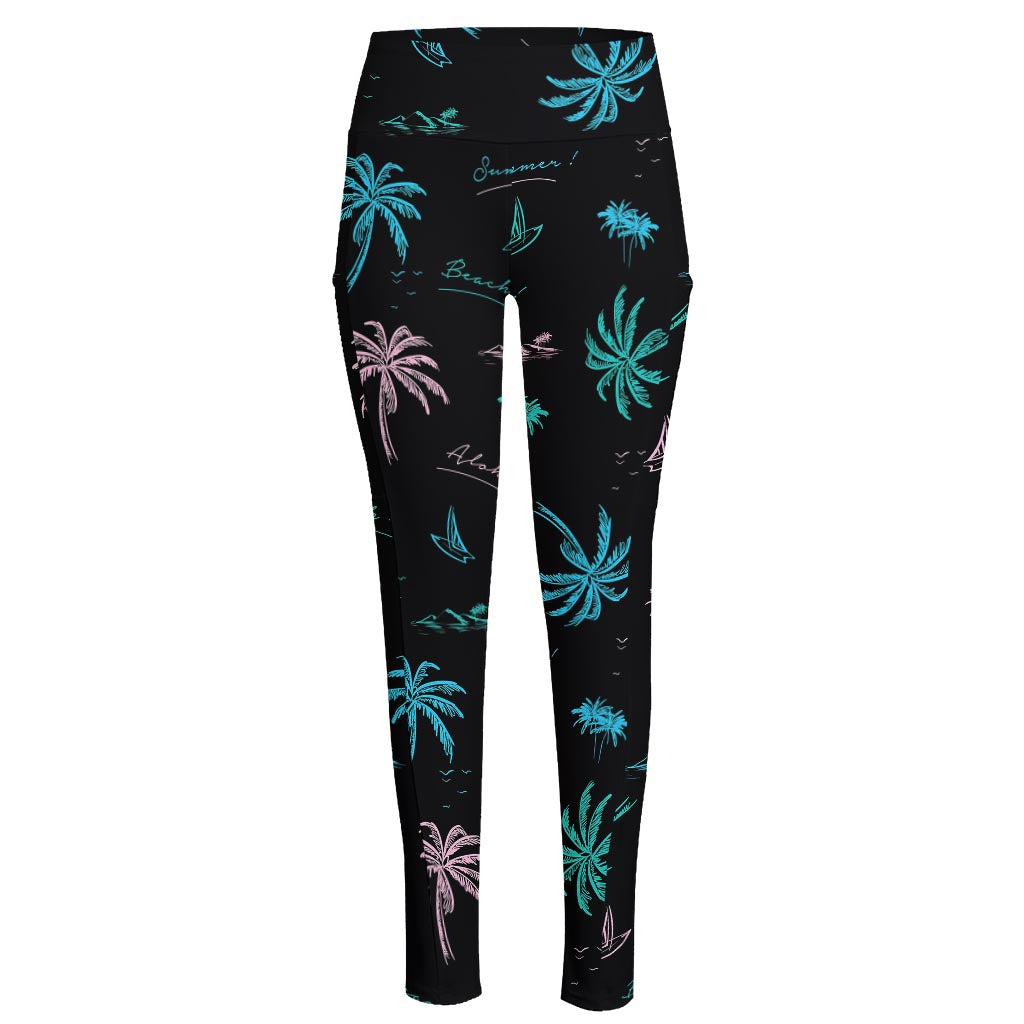 Palm Tree Summer Beach Pattern Print High-Waisted Pocket Leggings