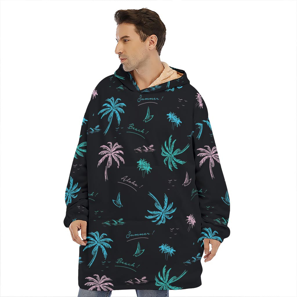 Palm Tree Summer Beach Pattern Print Hoodie Blanket