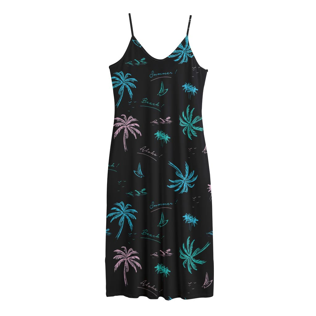 Palm Tree Summer Beach Pattern Print Jersey Midi Cami Dress