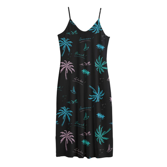Palm Tree Summer Beach Pattern Print Jersey Midi Cami Dress