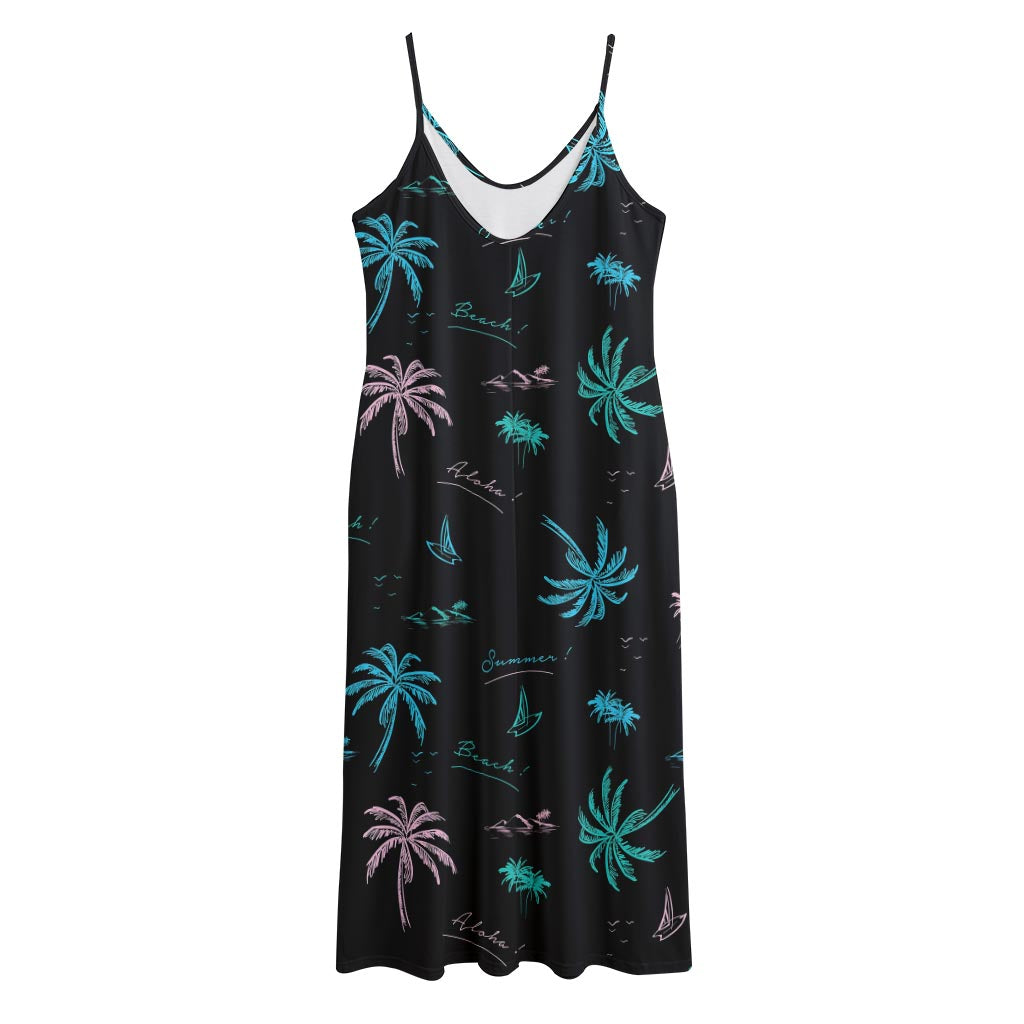Palm Tree Summer Beach Pattern Print Jersey Midi Cami Dress
