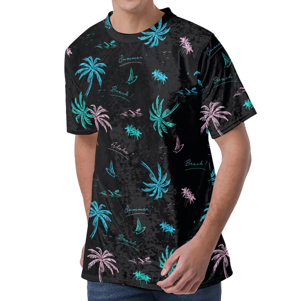 Palm Tree Summer Beach Pattern Print Men's Velvet T-Shirt