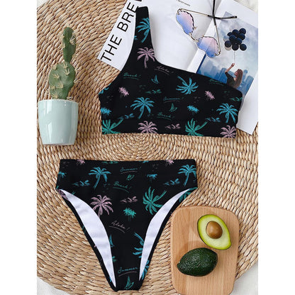 Palm Tree Summer Beach Pattern Print One Shoulder Bikini Top