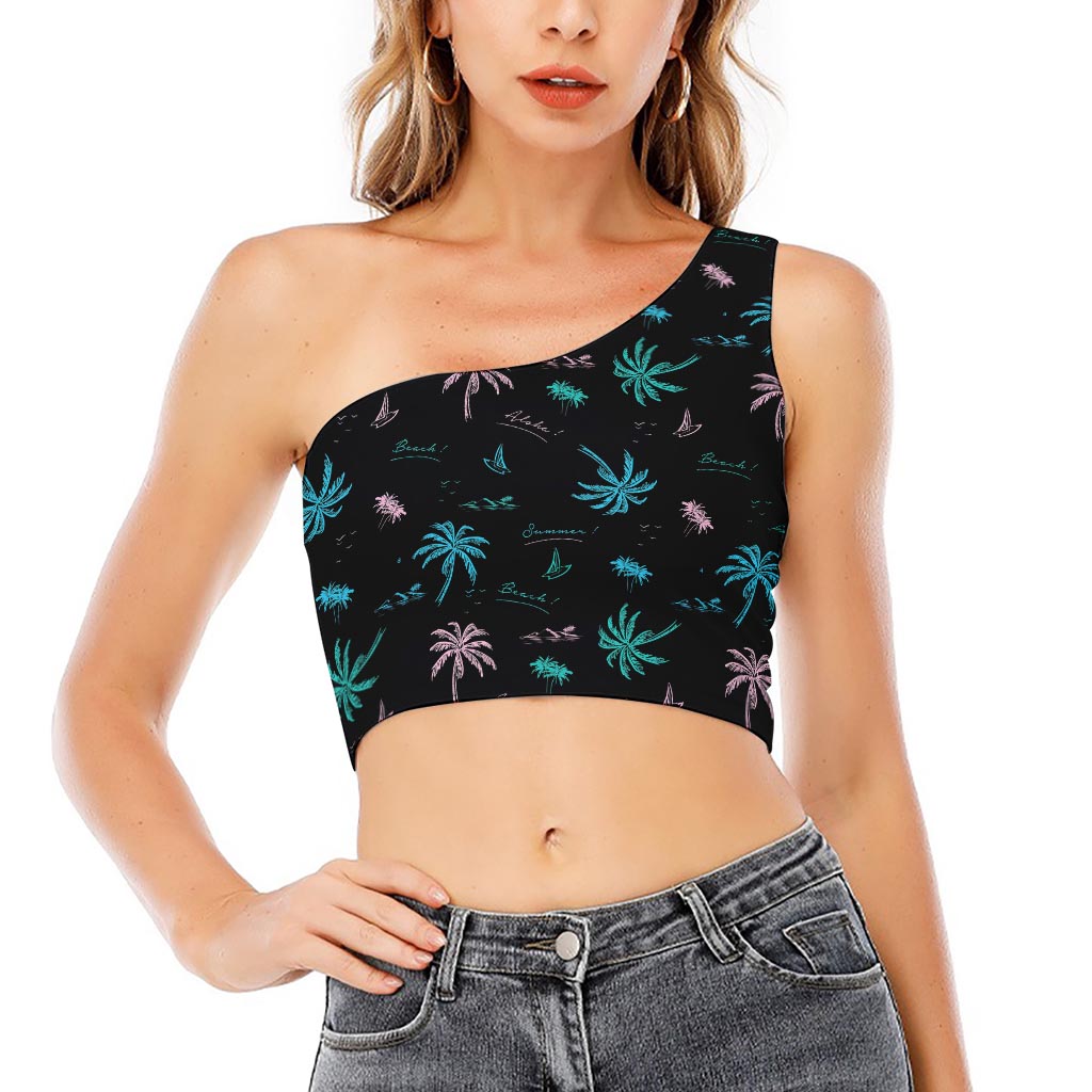 Palm Tree Summer Beach Pattern Print One Shoulder Crop Top