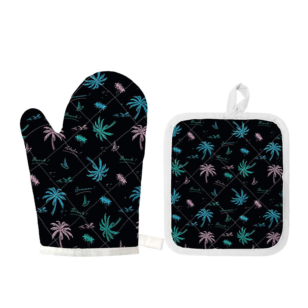 Palm Tree Summer Beach Pattern Print Oven Mitt And Pot Holder Set