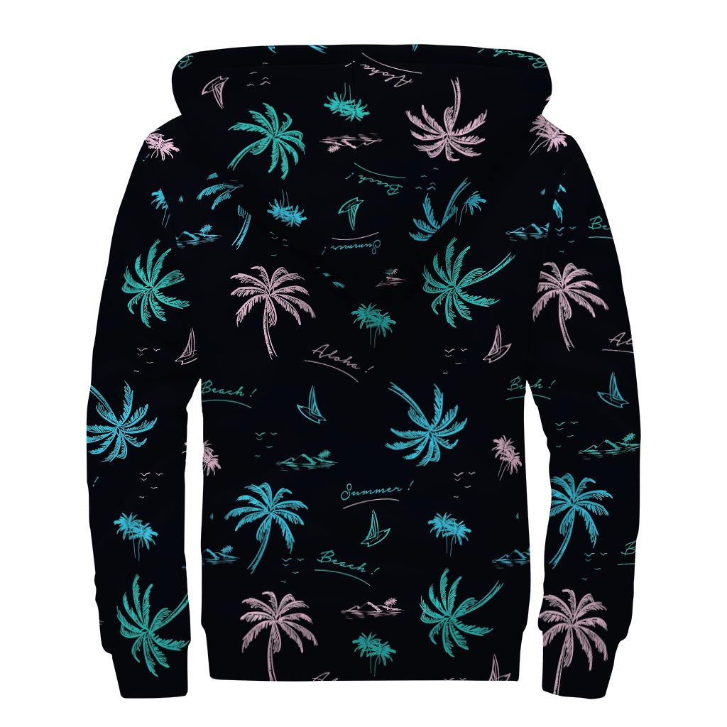 Palm Tree Summer Beach Pattern Print Sherpa Lined Zip Up Hoodie