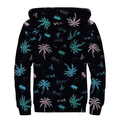 Palm Tree Summer Beach Pattern Print Sherpa Lined Zip Up Hoodie