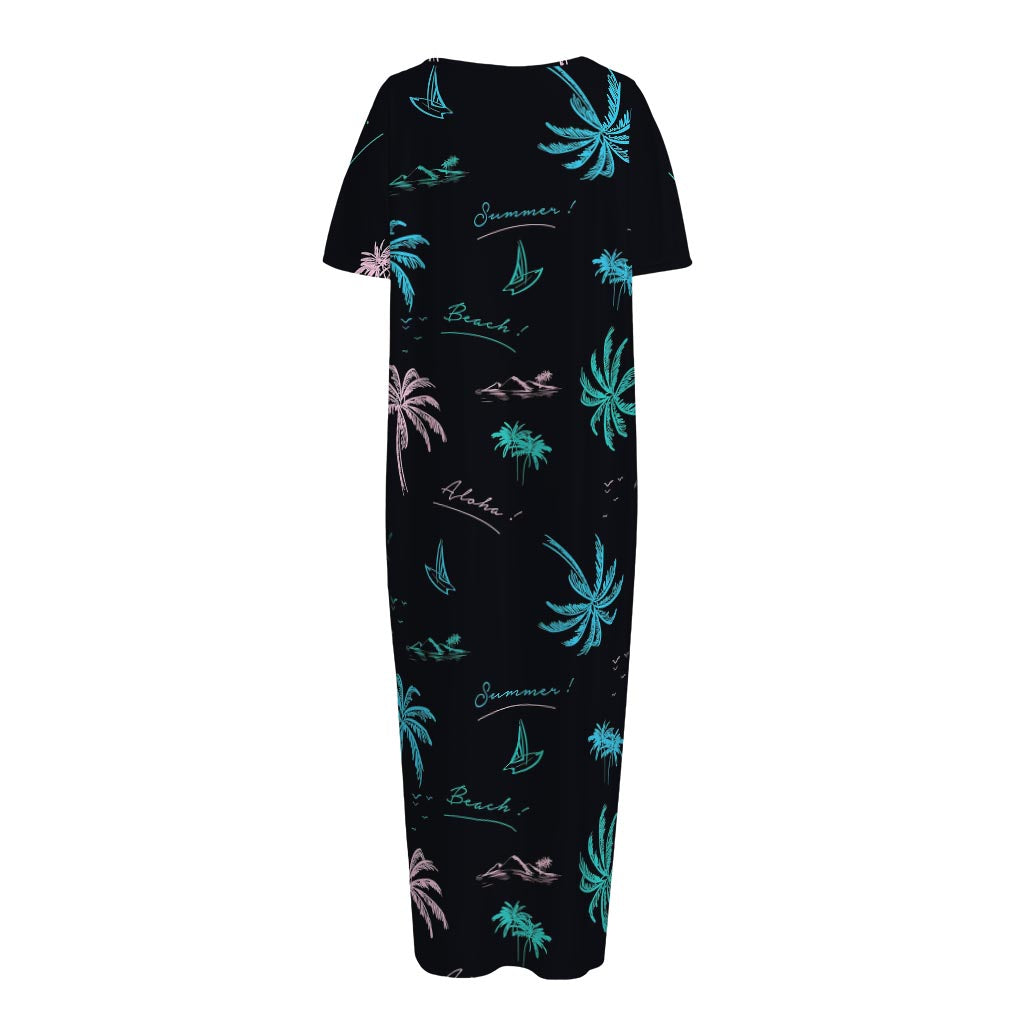 Palm Tree Summer Beach Pattern Print Short Sleeve Long Nightdress