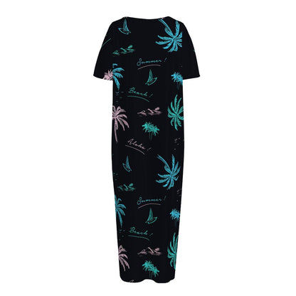 Palm Tree Summer Beach Pattern Print Short Sleeve Long Nightdress