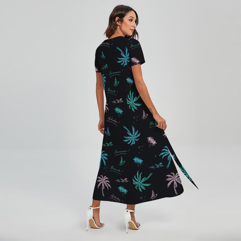 Palm Tree Summer Beach Pattern Print Short Sleeve Maxi Dress