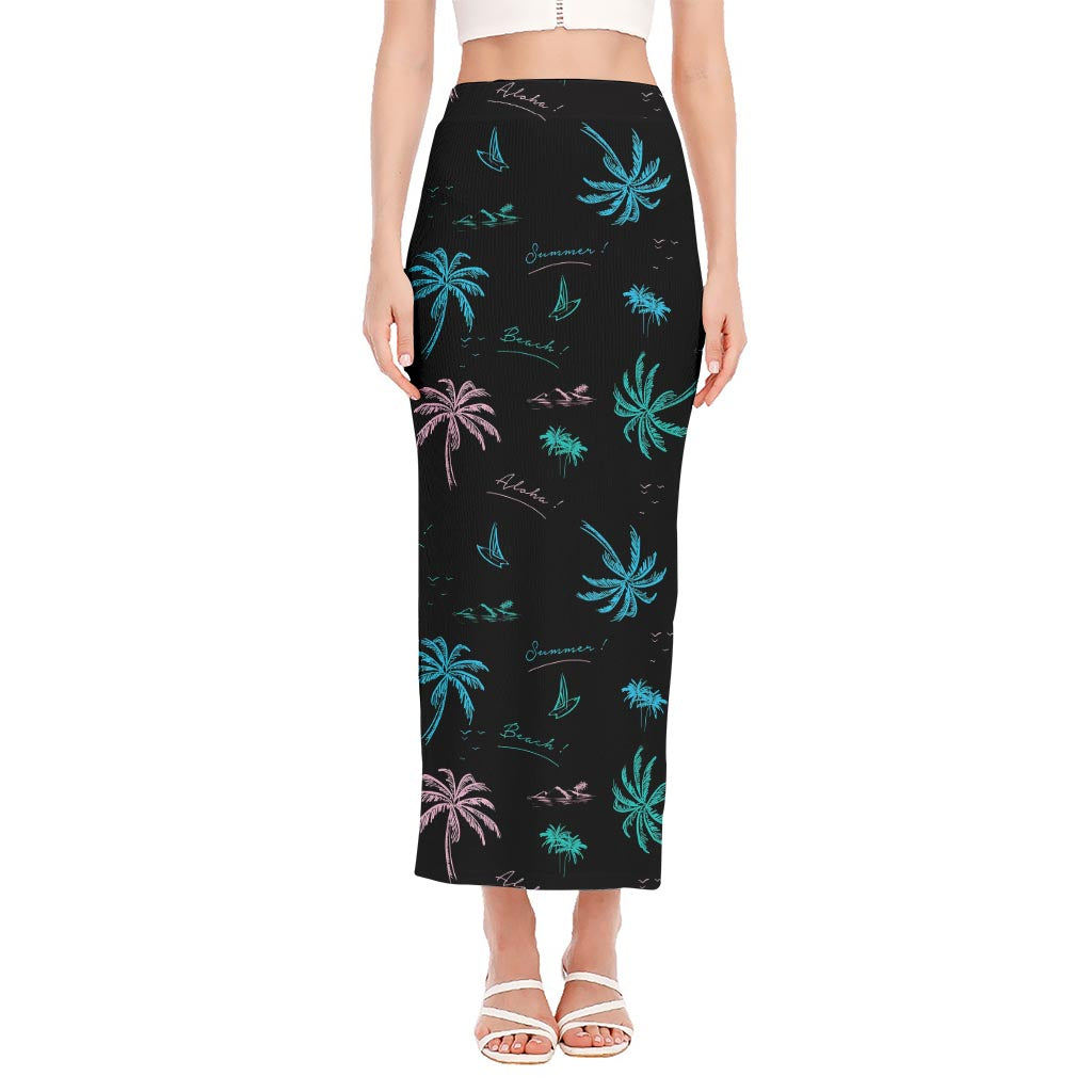 Palm Tree Summer Beach Pattern Print Side Slit Maxi Skirt