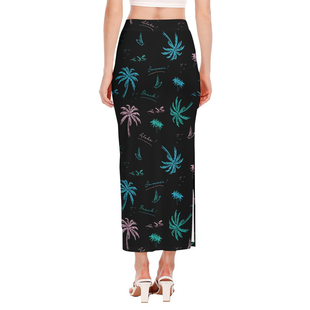 Palm Tree Summer Beach Pattern Print Side Slit Maxi Skirt