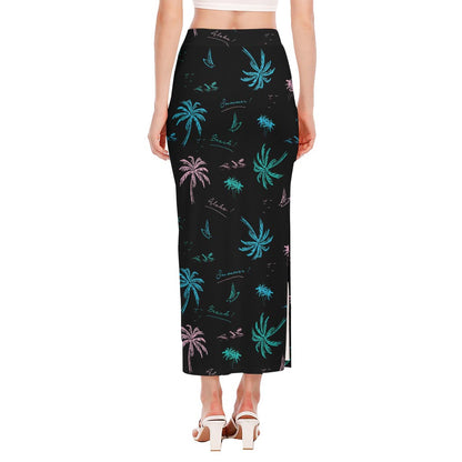 Palm Tree Summer Beach Pattern Print Side Slit Maxi Skirt