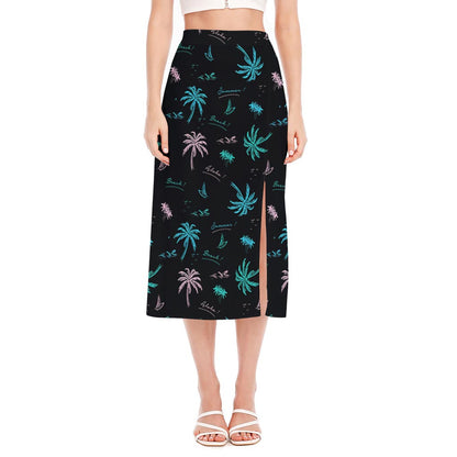 Palm Tree Summer Beach Pattern Print Side Slit Midi Skirt