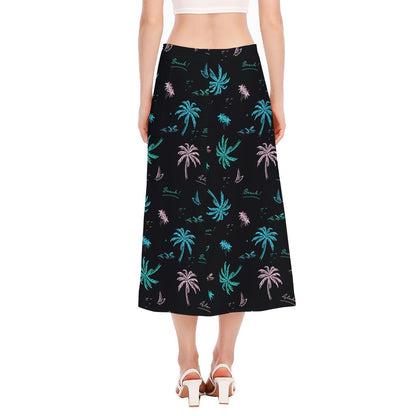 Palm Tree Summer Beach Pattern Print Side Slit Midi Skirt