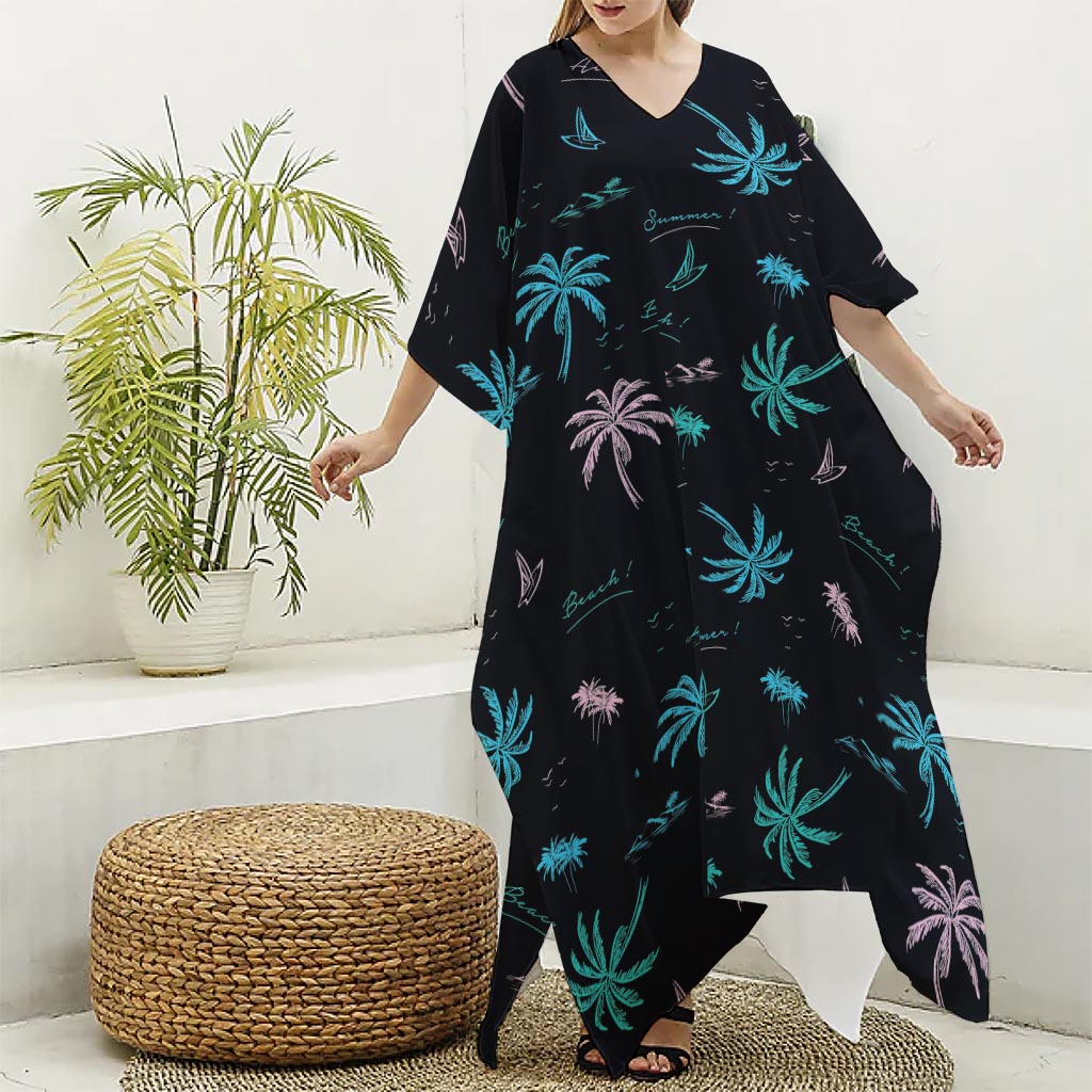 Palm Tree Summer Beach Pattern Print Silk V-Neck Kaftan Dress