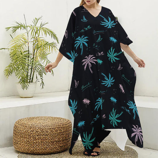 Palm Tree Summer Beach Pattern Print Silk V-Neck Kaftan Dress
